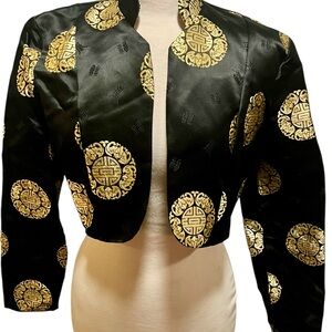 Cache Black and Gold Asian Patterned open front silk Blazer